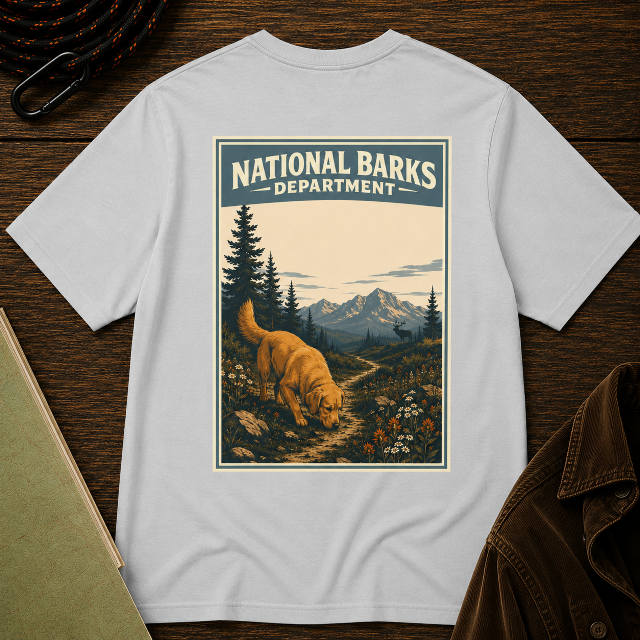 National Barks Department Scenic Sniffing Division Golden Retriever Shirt product mockup