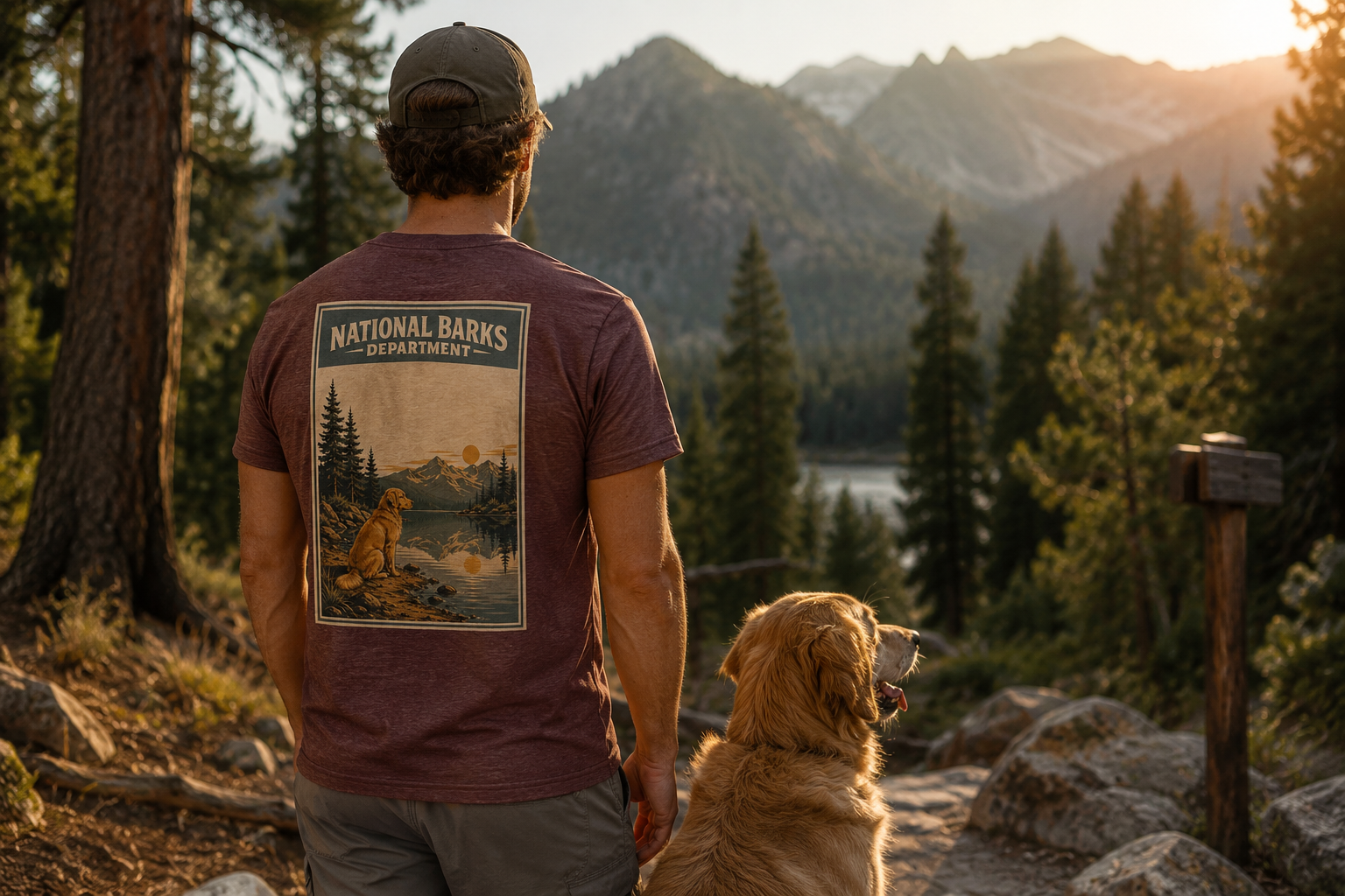 Person wearing a National Barks Department shirt with a Golden Retriever on a mountain trail